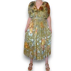 CO. Hand Painted Watercolor French Velvet Pleated Midi‎ Dress